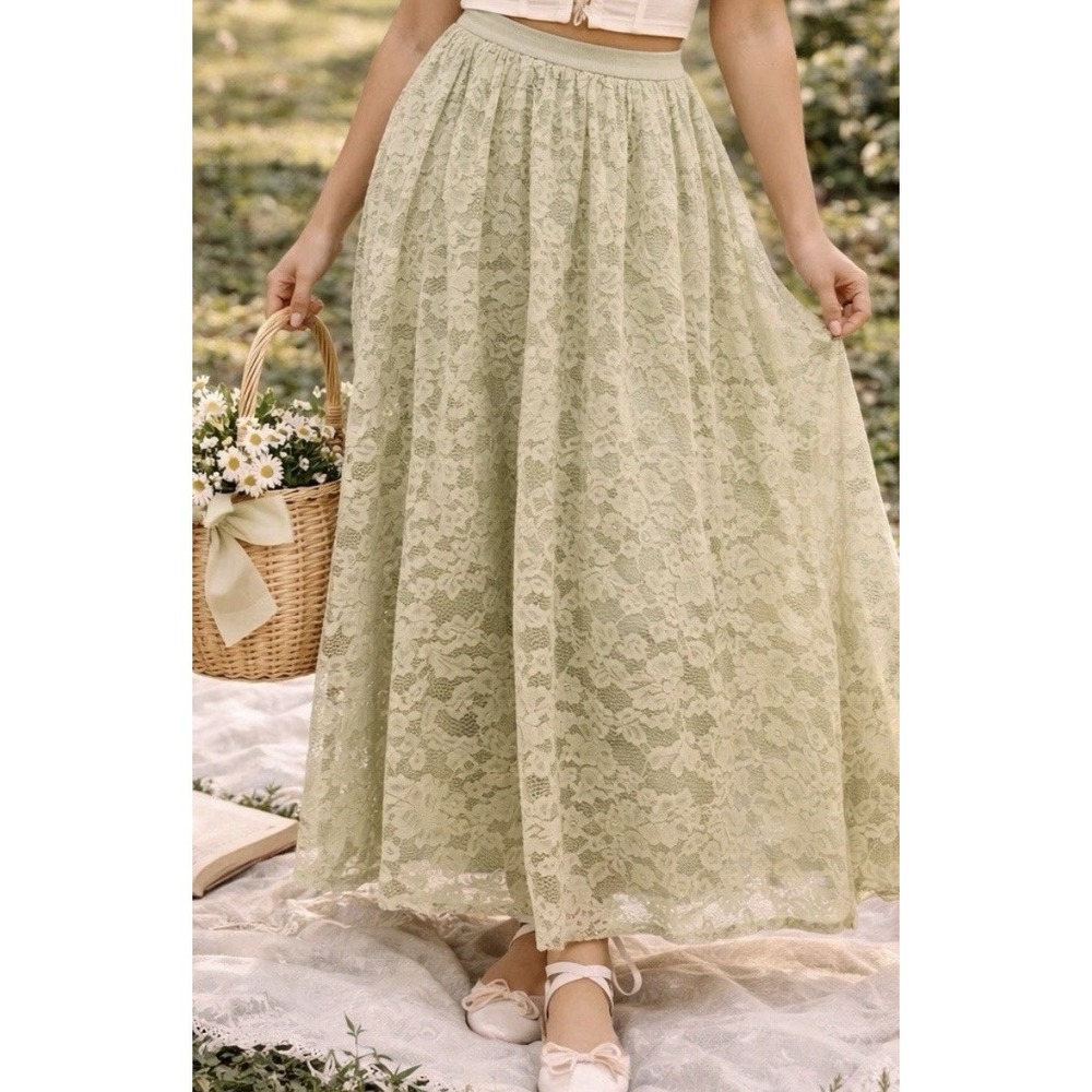 NWT Laffaire Lace Maxi Skirt L Green Flowy Floor Length Boho Cottagecore Fairy